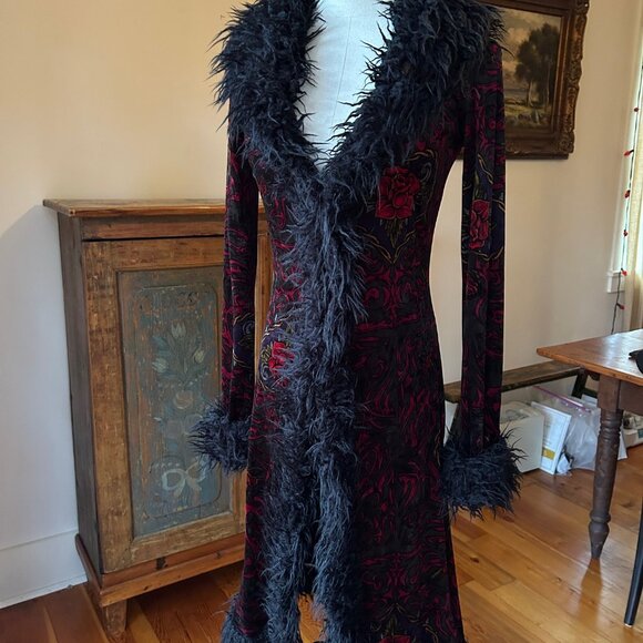 Vintage Betsey Johnson 'Frankie loves Johnny' Tattoo Design Velvet Duster Coat - Picture 1 of 8